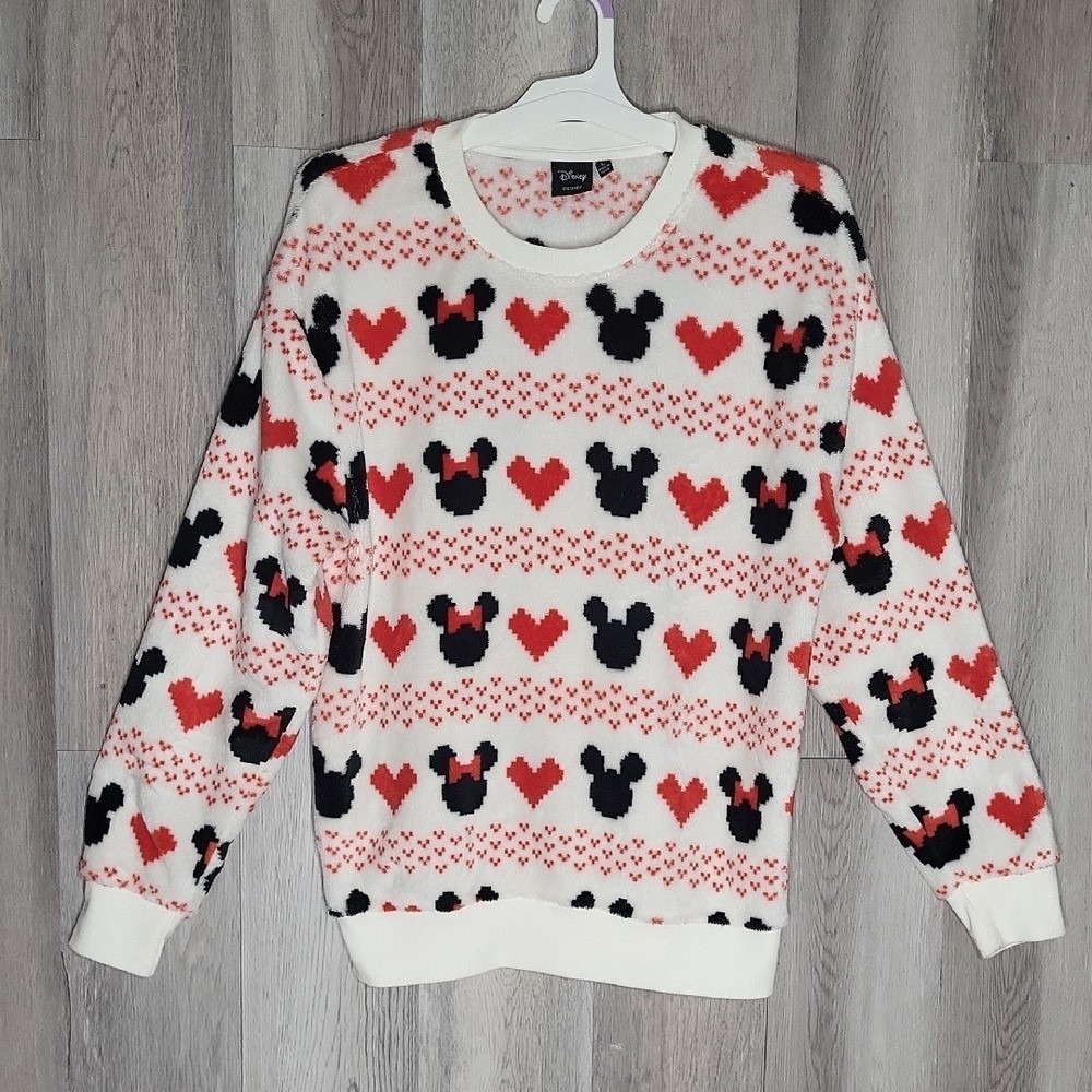 Disney Womens Large Minnie Mickey Mouse Sweatshirt Hearts Soft Long Sleeve‎ Warm